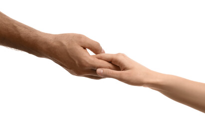 Man and woman holding hands on white background, closeup