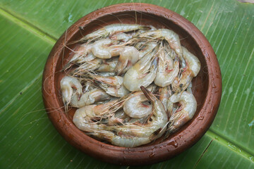 Prawns stock images placed on banana leaves selective focus 