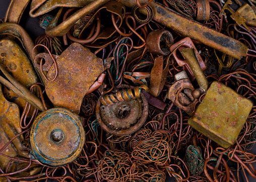 A pile of copper scrap for recycling. Copper is mainly heat pipes and heat exchangers from laptop cooling systems.