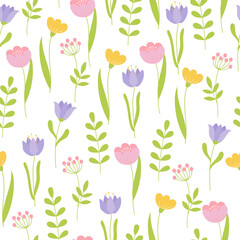 Seamless pattern with colorful flowers. Endless print made of flowers and branches in pastel colors on white background