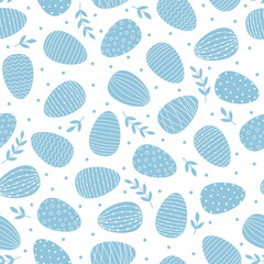 Seamless pattern with Easter decorated eggs. Blue eggs and branches on white background.