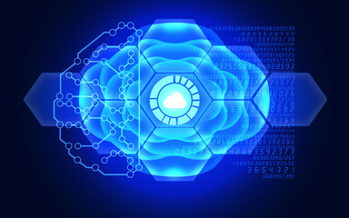 Cloud Computing Symbol is Reflecting Over Futuristic Electronic Circuit in 3D Brain Symbol