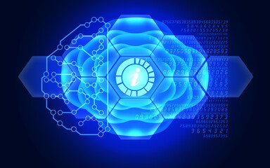 Information Symbol is Reflecting Over Futuristic Electronic Circuit in 3D Brain Symbol