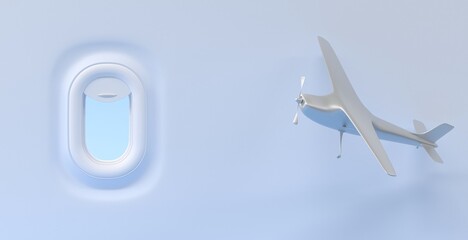 Airplane window and flying small plane with propelled. Porthole with open curtain and sky view, turboprop private jet in flight. Realistic 3d mockup Illuminator and single engine aircraft with vanes