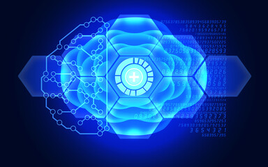 Plus Sign Button is Reflecting Over Futuristic Electronic Circuit in 3D Brain Symbol