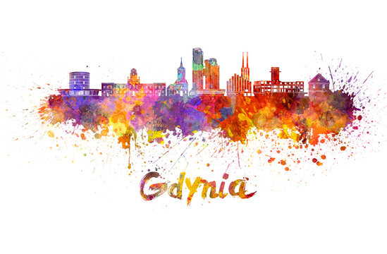 Gdynia skyline in watercolor splatters with clipping path
