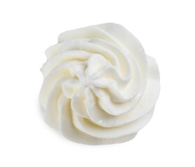 Delicious whipped cream isolated on white, top view