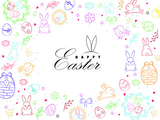 Template vector card with colorful eggs, rabbit and flowers on white background. Happy Easter. Doodles elements