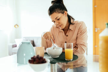Portrait of woman with lack of appetite during meal. Appetite loss concept - obrazy, fototapety, plakaty
