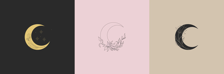 Boho moon. Flowers in trendy linear minimal style,print poster or card set, outline emblem or logo, jewelry, cosmetics, beauty and tattoo, mystery feminine, esoteric and astronomy vector illustration