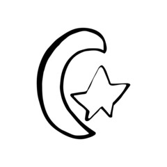 Simple doodle moon, stars. Hand drawn moon, isolated on white backdrop. Vector illustration for  cards, posters, wrapping and design. 