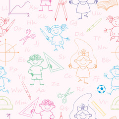 Seamless pattern with school supplies and happy schoolchildren on a light background