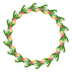 Round wreath of tulip flowers. Frame with spring blooming composition with plants and leaves. Festive decoration for wedding, holiday, postcard and design. Vector flat illustration