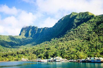Beautiful view of Mo'orea south Pacific island surrounded by emerald water and greenery mountains