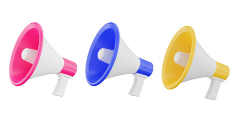 Set-MegaFon 3D illustration display set, megaphone icon, microphone announces communication or alarm, pink, blue, yellow, with cut path.