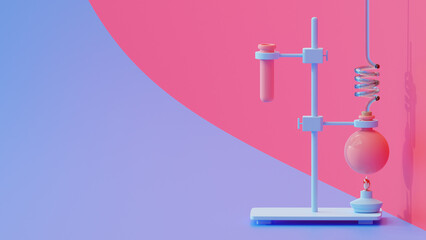 Test tube and lamp on Violet and Magenta background. Space for banner and logo. Science experiment concept, 3D render