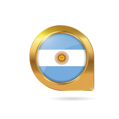 Flag of Argentina, location map pin, pointer flag, button with the reflection of light and shadow, gold frame, Icon country. Realistic vector illustration on white background