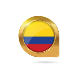 Flag of Colombia, location map pin, pointer flag, button with the reflection of light and shadow, gold frame, Icon country. Realistic vector illustration on white background