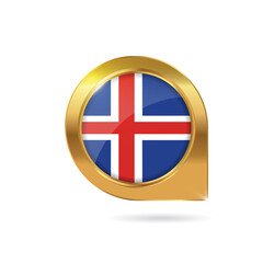 Obraz premium Flag of Iceland, location map pin, pointer flag, button with the reflection of light and shadow, gold frame, Icon country. Realistic vector illustration on white background