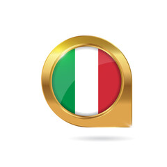 Flag of Italy, location map pin, pointer flag, button with the reflection of light and shadow, gold frame, Icon country. Realistic vector illustration on white background