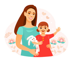 Mother and daughter. A mother hugs her daughter. Maternal support. Сhild care. Mother's Day. Cute cartoon vector illustration