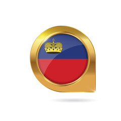 Obraz premium Flag of Liechtenstein, location map pin, pointer flag, button with the reflection of light and shadow, gold frame, Icon country. Realistic vector illustration on white background