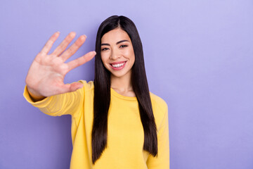 Portrait of dreamy smiling female showing you hand high five say hello greetings isolated on purple...