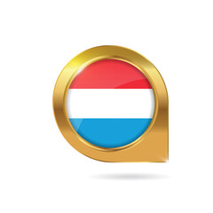 Flag of Luxembourg, location map pin, pointer flag, button with the reflection of light and shadow, gold frame, Icon country. Realistic vector illustration on white background