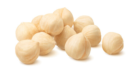Pile of roasted nuts isolated on white background. Shelled kernels