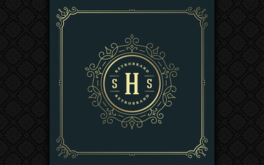 Vintage monogram logo elegant flourishes line art graceful ornaments victorian style vector template design