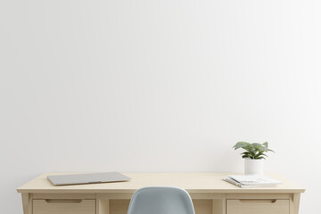 Wooden desk with laptop and plants 3d render
