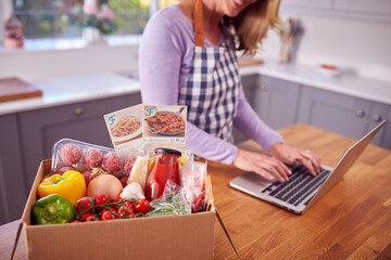 Mature Woman In Kitchen With Laptop To Find Recipe For Online Meal Food Kit Delivered To Home