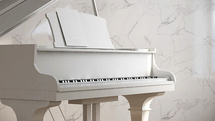 Realistic 3D render close up of an elegant white grand piano with music sheet set beside marble wall. Classic, Romance, Background, Keys, Songs, Copy space, Sunlight, Luxury, Mock up, Instrument. © myboys.me