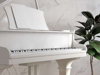 Realistic 3D render close up of an elegant white grand piano with music sheet set beside marble wall with a beautiful india rubber fig plants. White and green, Classic, Romance, Background, Keys, Song