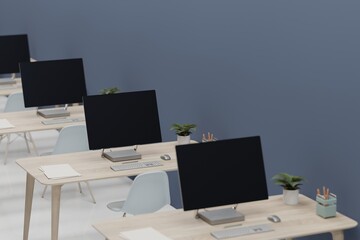 Modern office interior computers with blank screens 3d render
