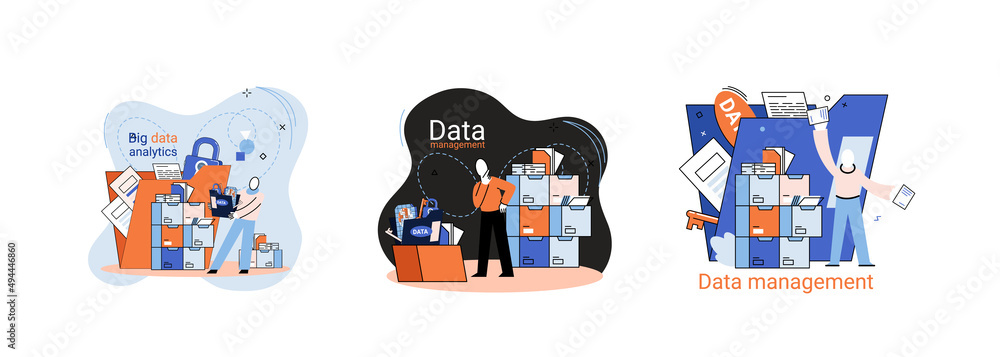 Poster big data analytics platform, data management and protection creative metaphor set abstract concept. 