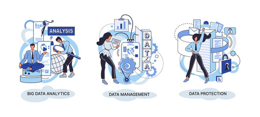 Big data analytics platform, data management and protection creative metaphor set abstract concept. Data center room disk infrastructure business information safety. Technology Internet and network