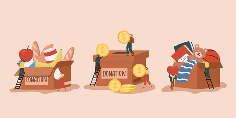 Donation and volunteers work concept illustration set, such as share love, food, money, groceries, books, toy and clothes to people. perfect for banner, web page design, and cover page