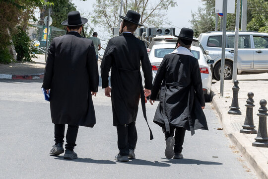 Tsfat, Israel - June 10, 2021: Three Orthodox Jews In Safed(Tsfat)