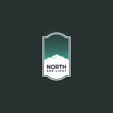 Northern light sky aurora with mountain ice in night sky and stars logo vector design template
