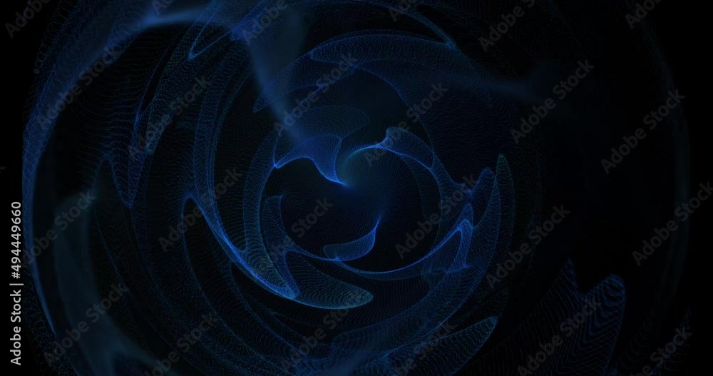 Poster abstract video animation of a swirling pattern of blue wavy lines and dots over a black background -