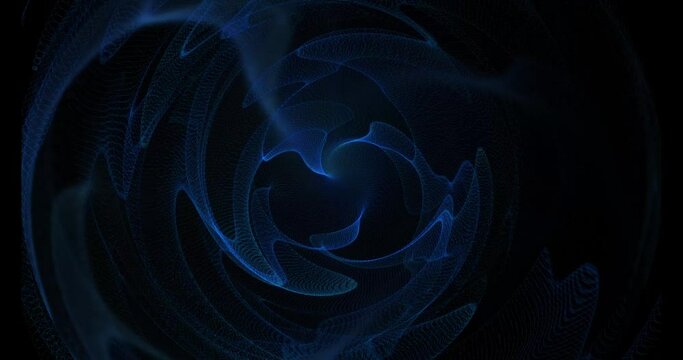 Abstract video animation of a swirling pattern of blue wavy lines and dots over a black background - 4k video