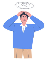The man raised his arms above his head. The young man puts his hands on his head. On the face of sadness, disappointment and depression. Flat vector illustration. Eps10