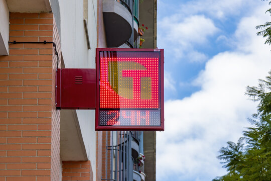 Huelva, Spain - March 10, 2022: Tobacco Store Digital Sign Illuminated 