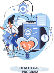 Health care program metaphor, online medical services, protection medicine. Medical insurance, hospital services, preventive check up, sick leave certificate treatment diagnosis patients, telemedicine