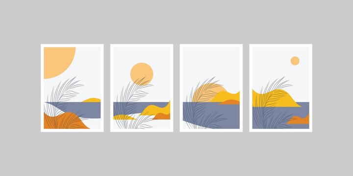 Set of Ocean beach landscapes oasis tropical backgrounds collection with mountain, sand, palm, twigs leaf, moon or sun. poster vector illustration.