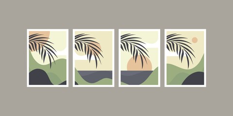 Set of landscape wall art in a minimalist style. Botanical. Abstract landscape design. Poster vector illustration.