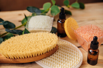 Natural, organic cosmetics with eucalyptus oil, sea salt, massage brush, eucalyptus leaf extract.