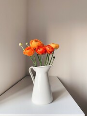 Beautiful fresh colorful red and orange ranunculus flowers in full bloom in vase against white background. Spring bouquet of buttercups. Copy space.