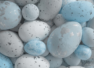 Light Blue, White and Gray Decorative Eggs with Silver and Black Spots. Easter Background. Modern Easter Holiday Composition with Spotted Eggs. Top-Down View.